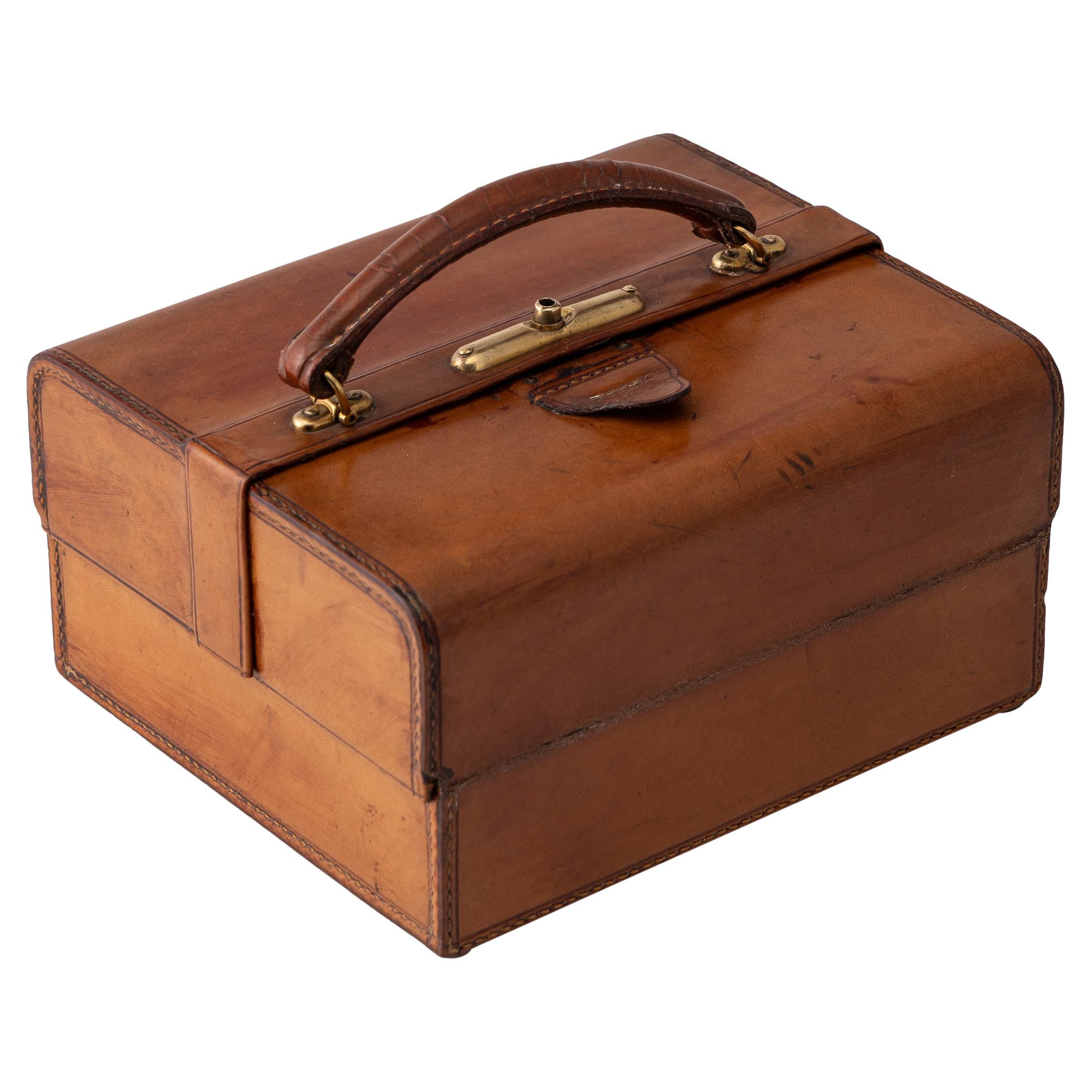 Antique 20th Century Victorian Leather & Brass Jewellery Case c.1900