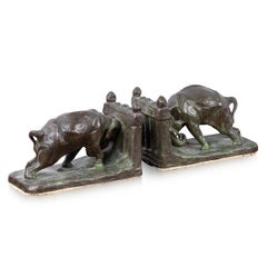 Antique 20thC American Art Deco Bronze Elephant Book Ends, Charles Robert Knight