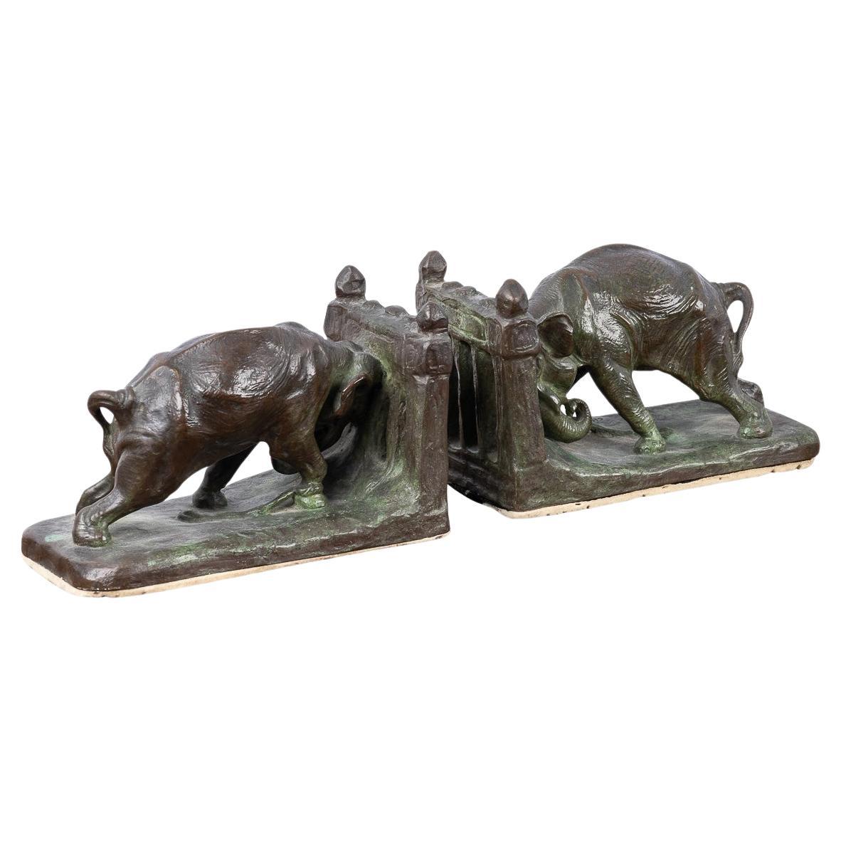 Antique 20thC American Art Deco Bronze Elephant Book Ends, Charles Robert Knight For Sale