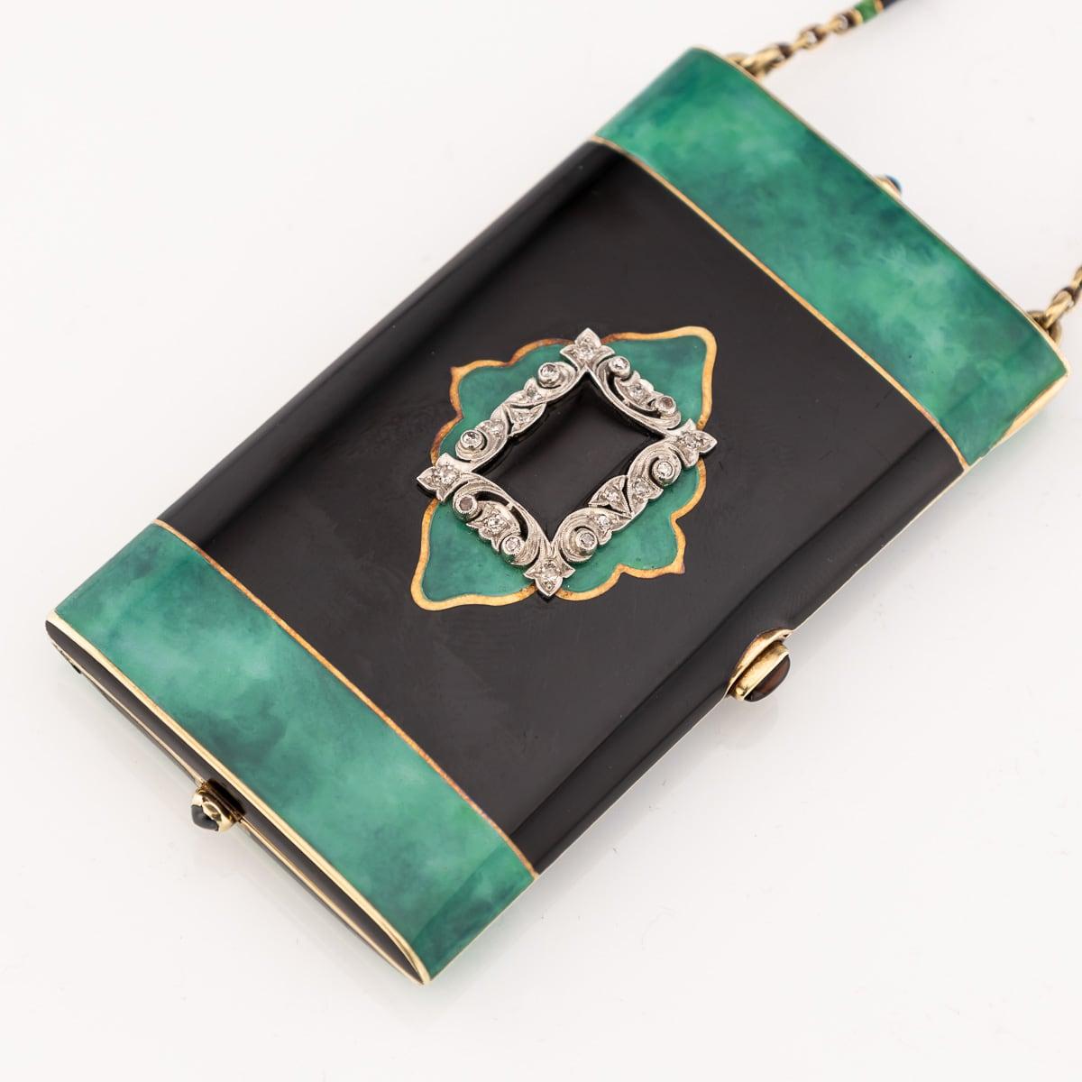 American Antique 20thC Art Deco 14K Gold, Lacquer, Enamel & Diamond Vanity Case c.1920 For Sale