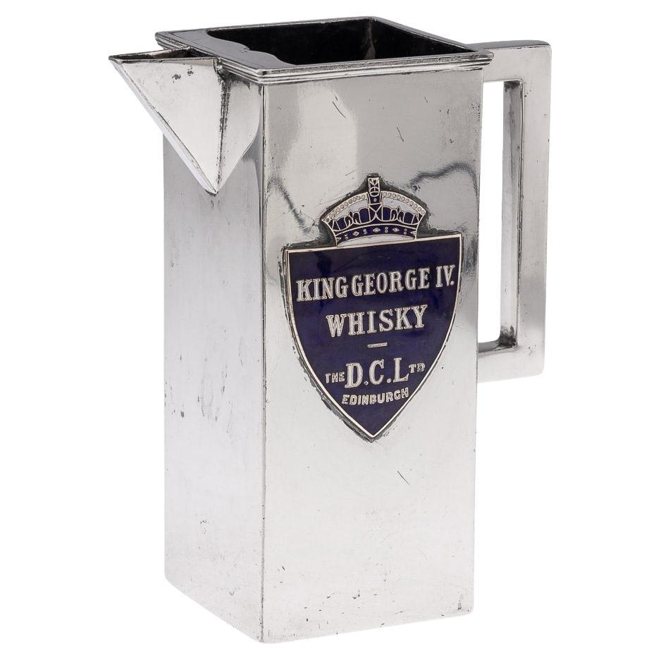 Antique 20thC Art Deco Silver Plated & Enamel Water Jug, King George IV Whisky For Sale