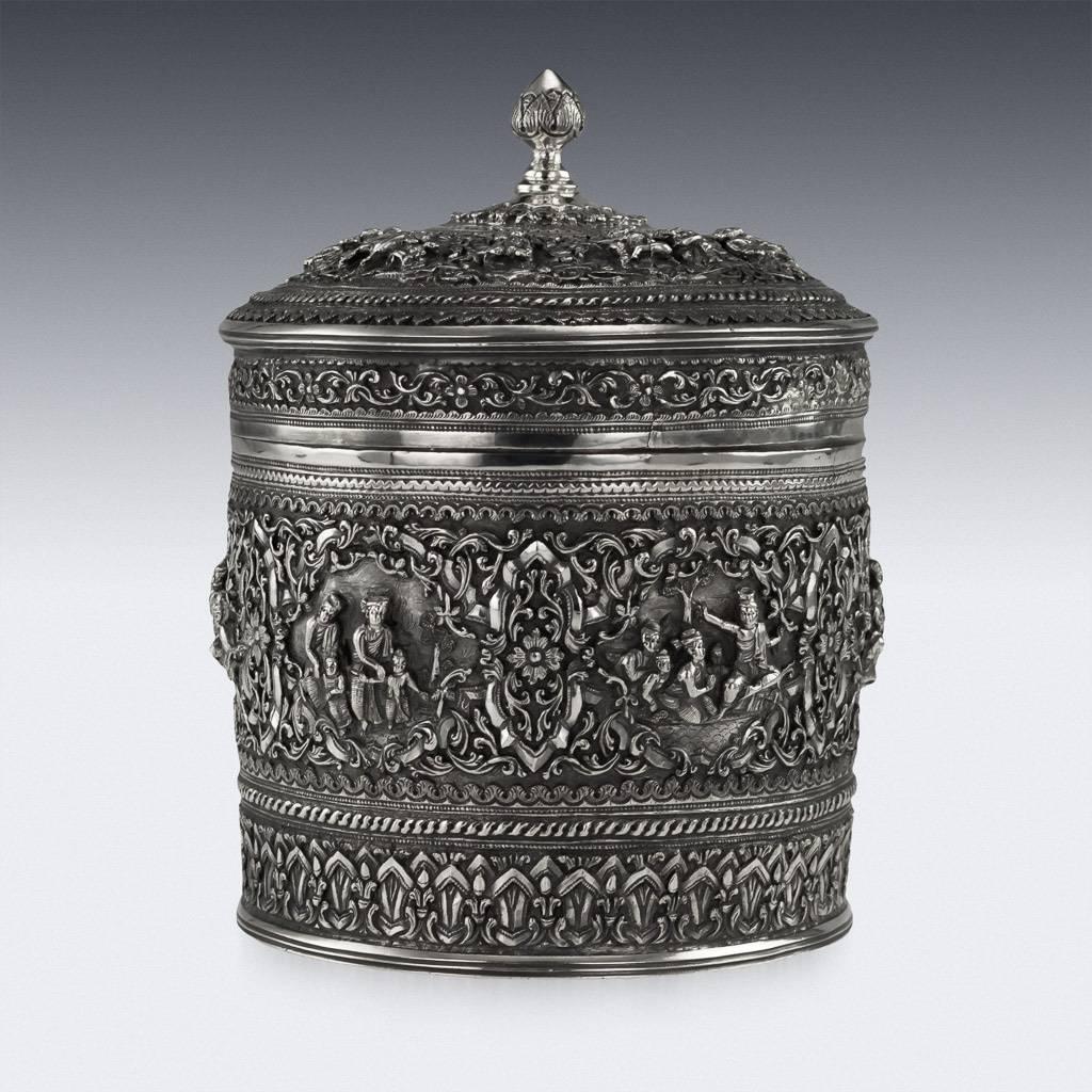 Anglo-Indian Antique Burmese Exceptional Solid Silver Betel Box, Rangoon, circa 1900