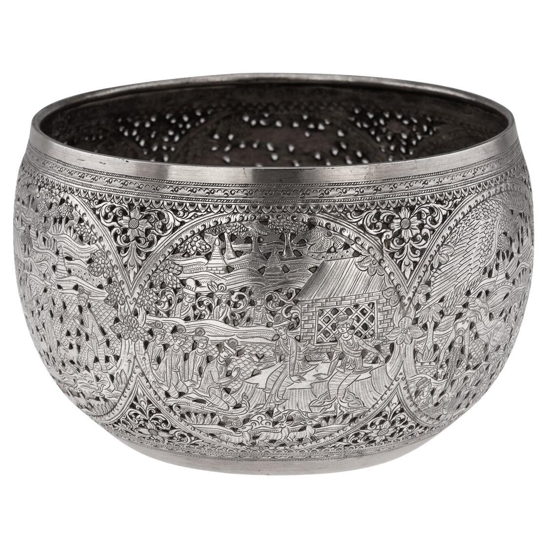 Antike 20. Jahrhundert Birma durchbohrt massivem Silber "Pyusawhti" Folk Tale Bowl c.1918