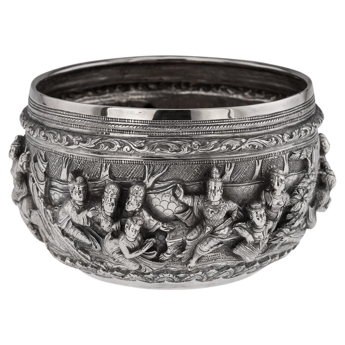 Antique 20thC Burmese Repoussé Solid Silver "Jataka Tales" Bowl c.1905