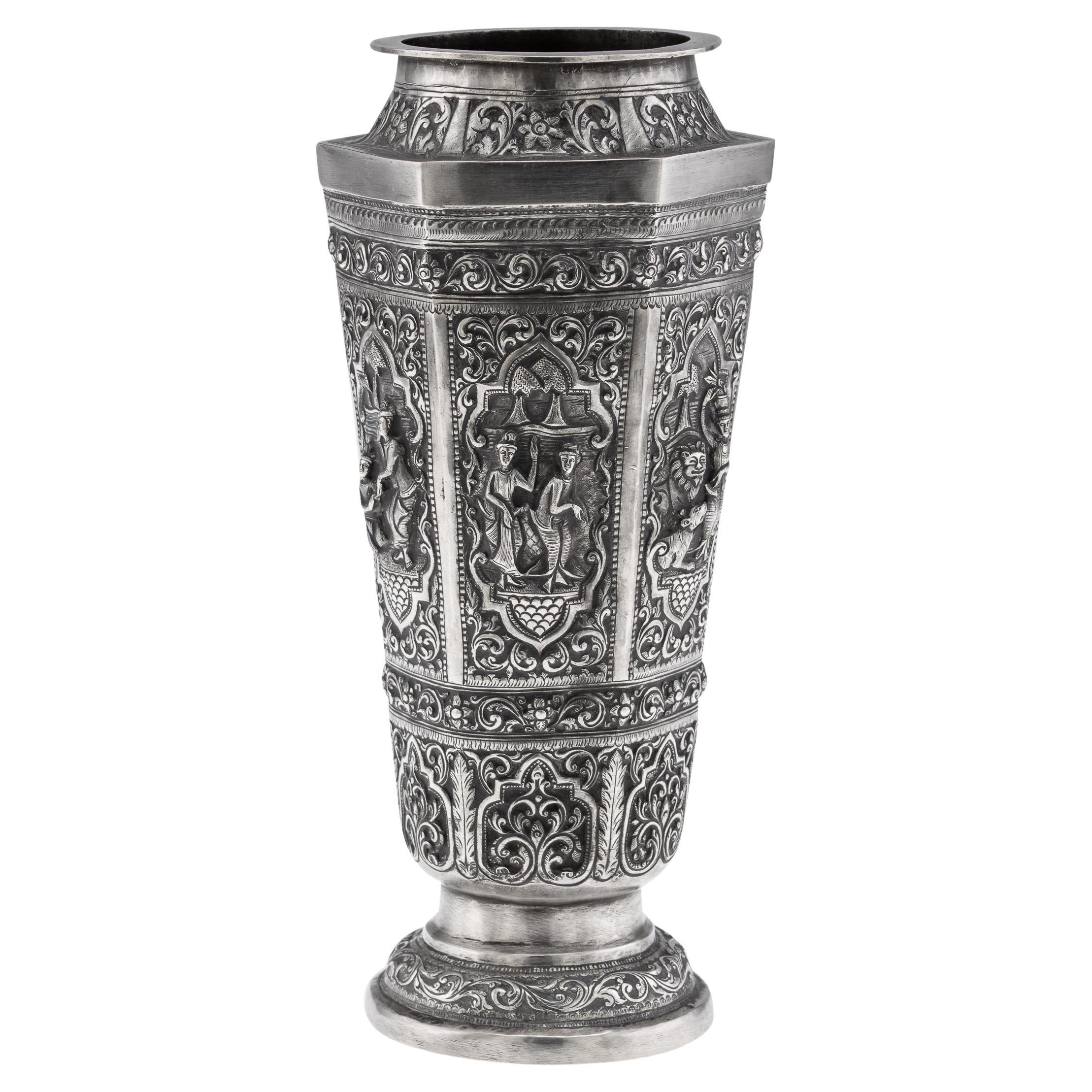 Antique 20thC Burmese Repoussé Solid Silver "Vessantara Jataka" Vase c.1915 For Sale