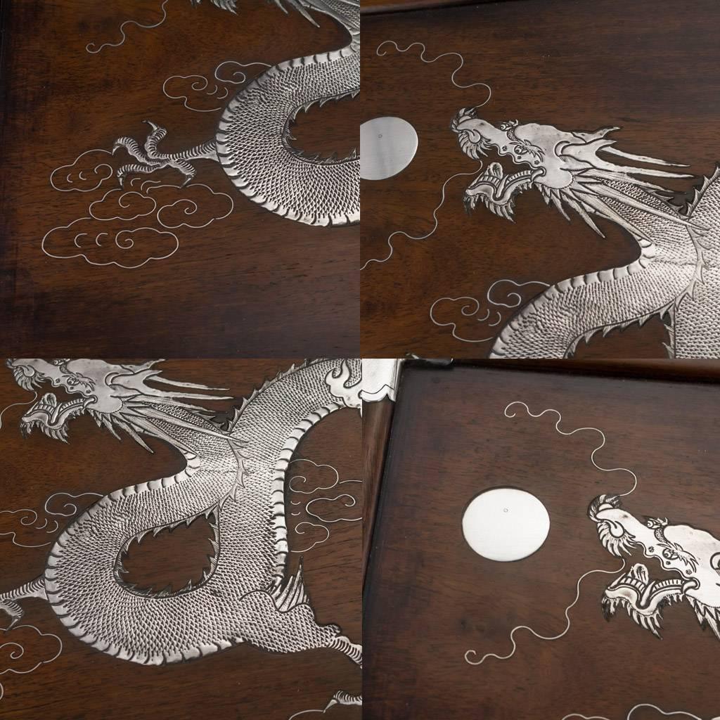 20th Century Chinese Export Solid Silver and Rosewood Dragon Tray, circa 1910 4