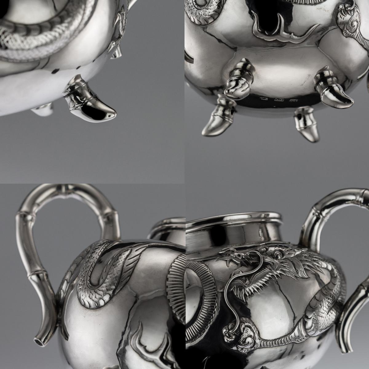 Antique Chinese Export Solid Silver Dragon Tea Set, Kwan Wo, circa 1900 5