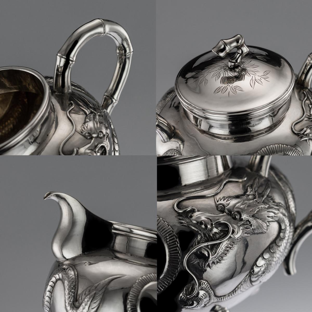 Antique Chinese Export Solid Silver Dragon Tea Set, Kwan Wo, circa 1900 6