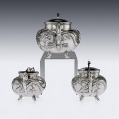Antique Chinese Export Solid Silver Dragon Tea Set, Kwan Wo, circa 1900