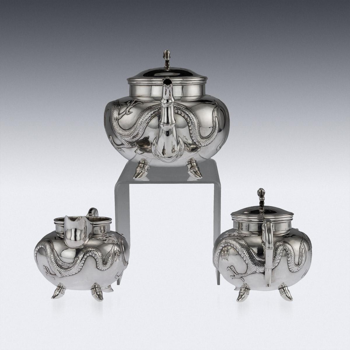 Antique Chinese Export Solid Silver Dragon Tea Set, Kwan Wo, circa 1900 In Good Condition In Royal Tunbridge Wells, Kent