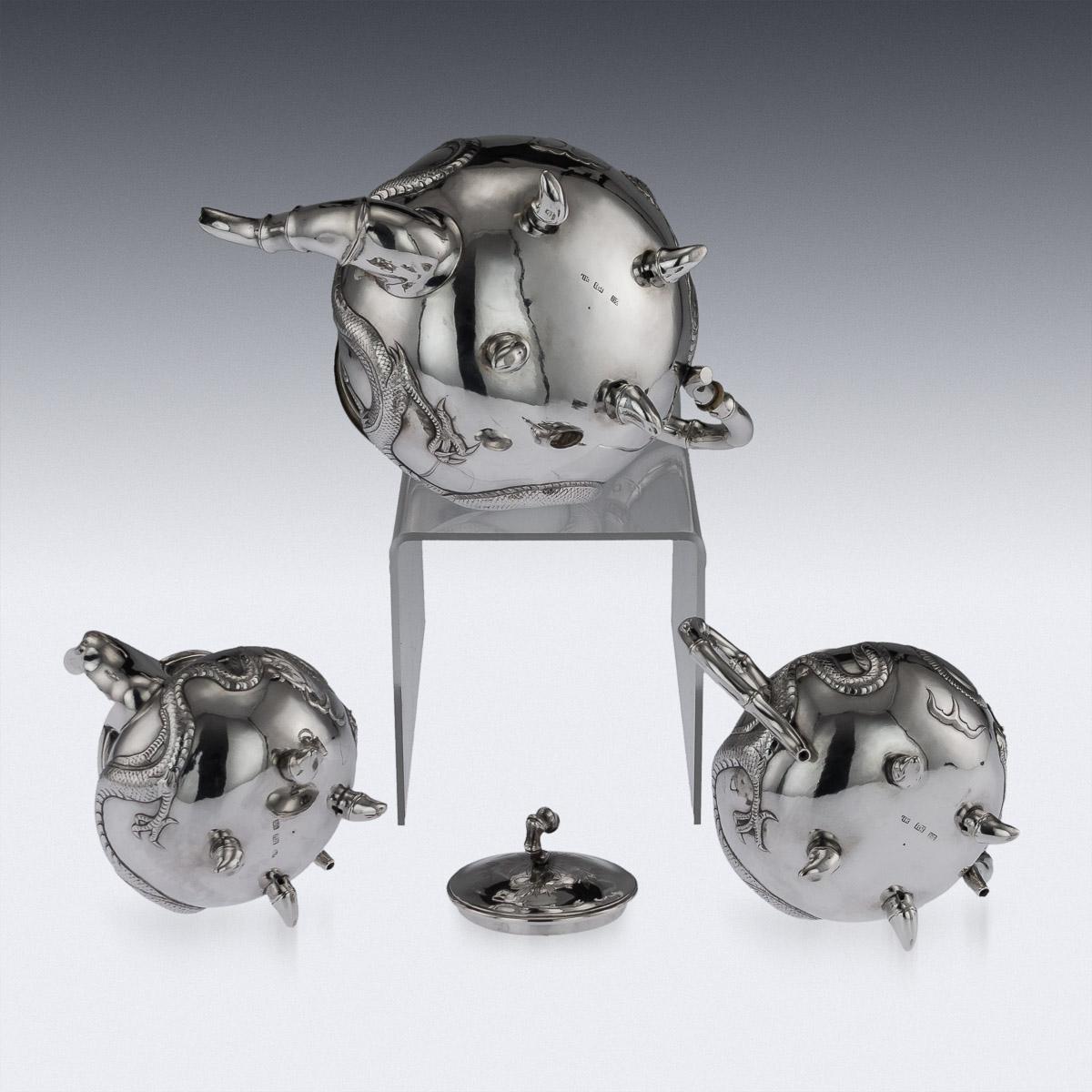 20th Century Antique Chinese Export Solid Silver Dragon Tea Set, Kwan Wo, circa 1900