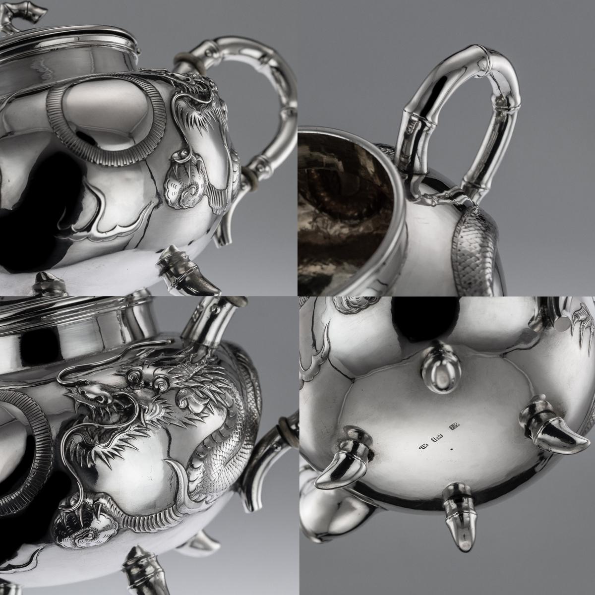 Antique Chinese Export Solid Silver Dragon Tea Set, Kwan Wo, circa 1900 4