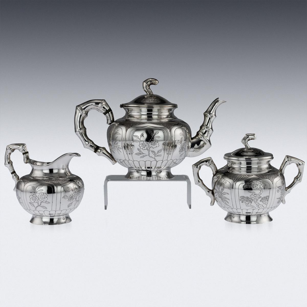 Chinese Export Antique 20thC Chinese Solid Silver 3 Piece Tea Set On Tray c.1910 For Sale