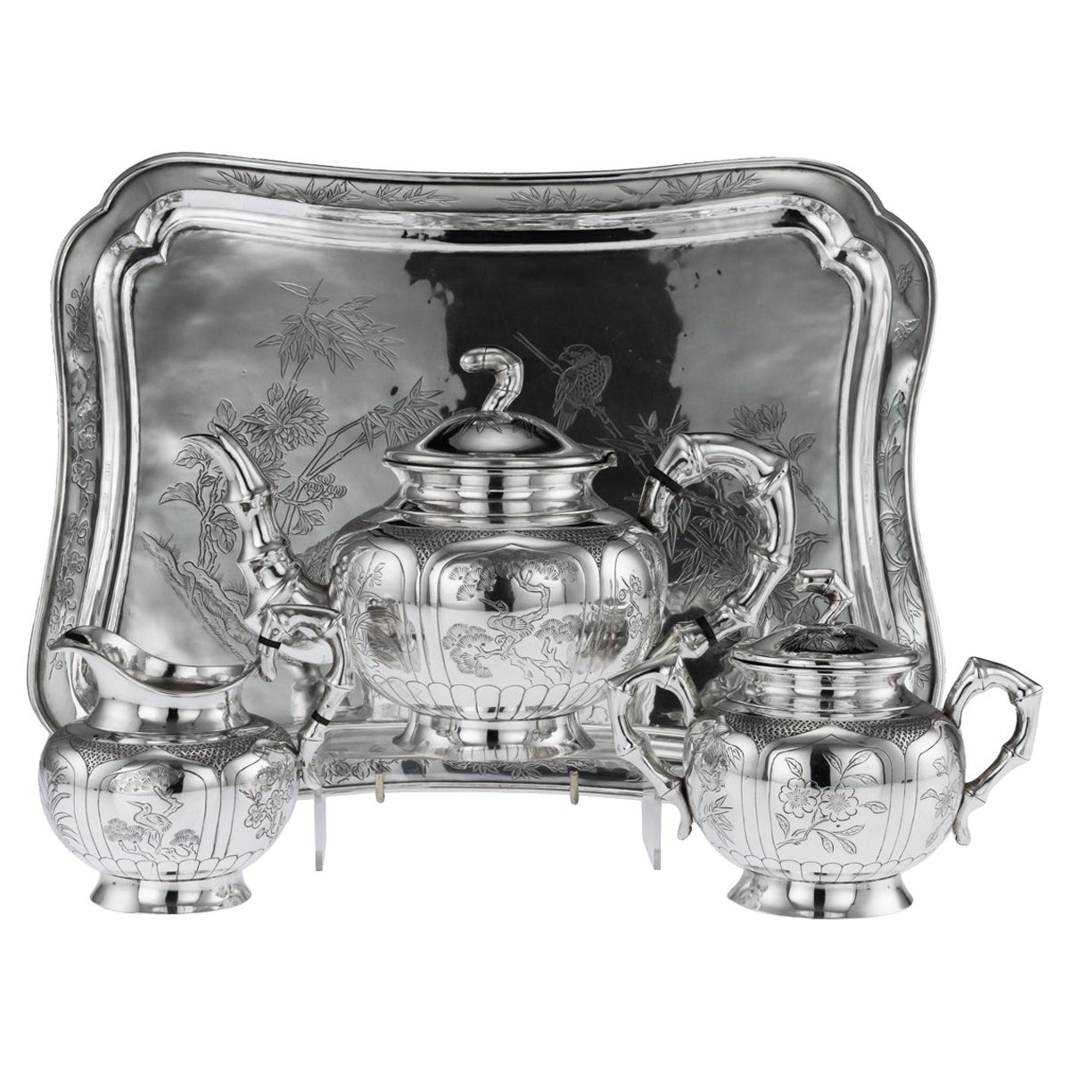 Antike 20thC Chinese Solid Silver 3 Piece Tea Set auf Tablett c.1910