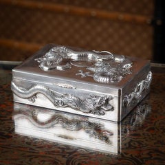 Antique 20thC Chinese Solid Silver Dragon Cigar Box, Shanghai, Zeewo c.1900