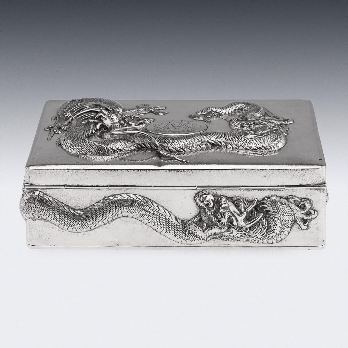 20th Century Antique 20thC Chinese Solid Silver Dragon Cigar Box, Shanghai, Zeewo c.1900 For Sale