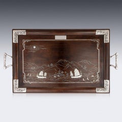 Antique Chinese Solid Silver Large Tea Tray on Stand, Luen Hing, circa 1900