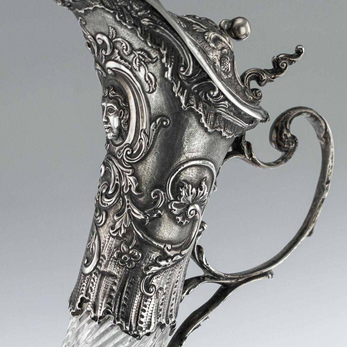 Antique Dutch Solid Silver Mounted Glass Decorative Claret Jug, circa 1900 4