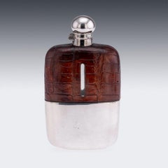 Antique 20thC English Silver Plate & Crocodile Leather Hip Flask c.1900