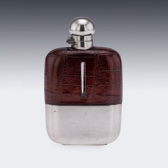 Antique 20thC English Silver Plate & Crocodile Leather Hip Flask c.1900