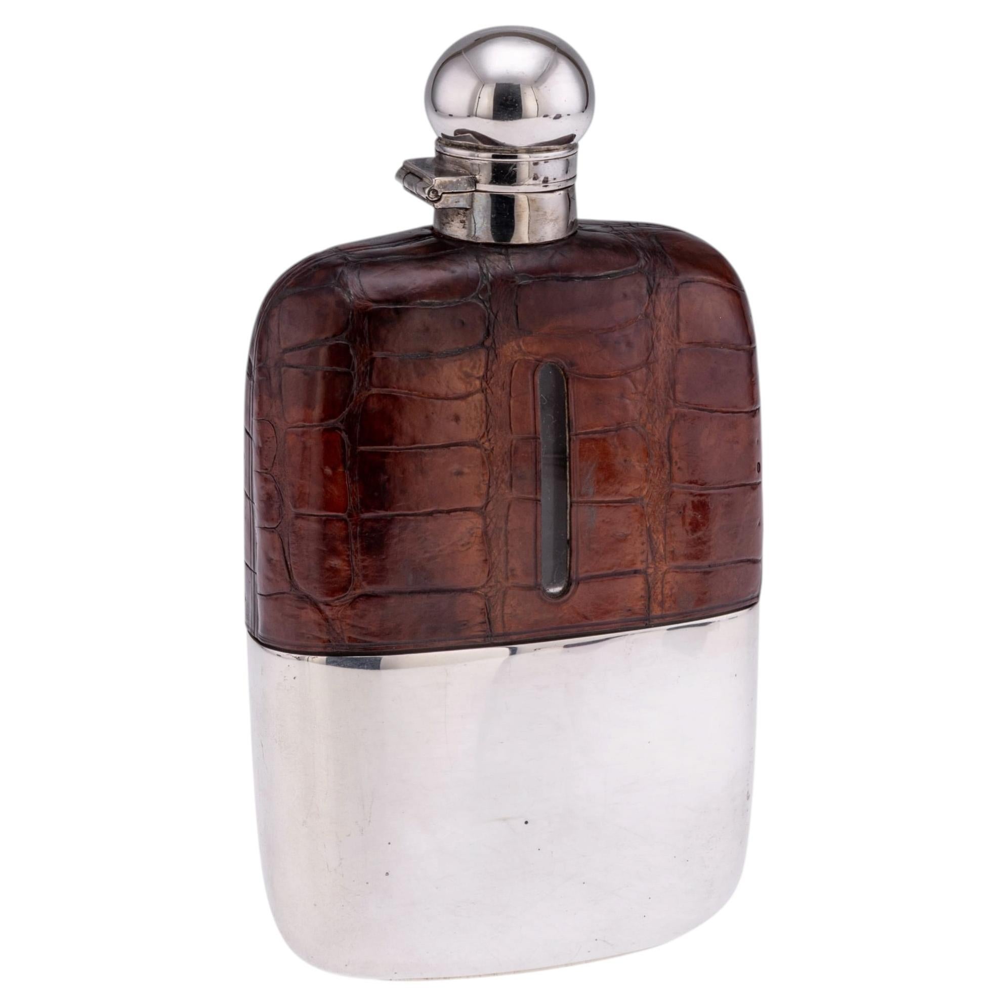 Antique 20thC English Silver Plate & Crocodile Leather Hip Flask c.1900