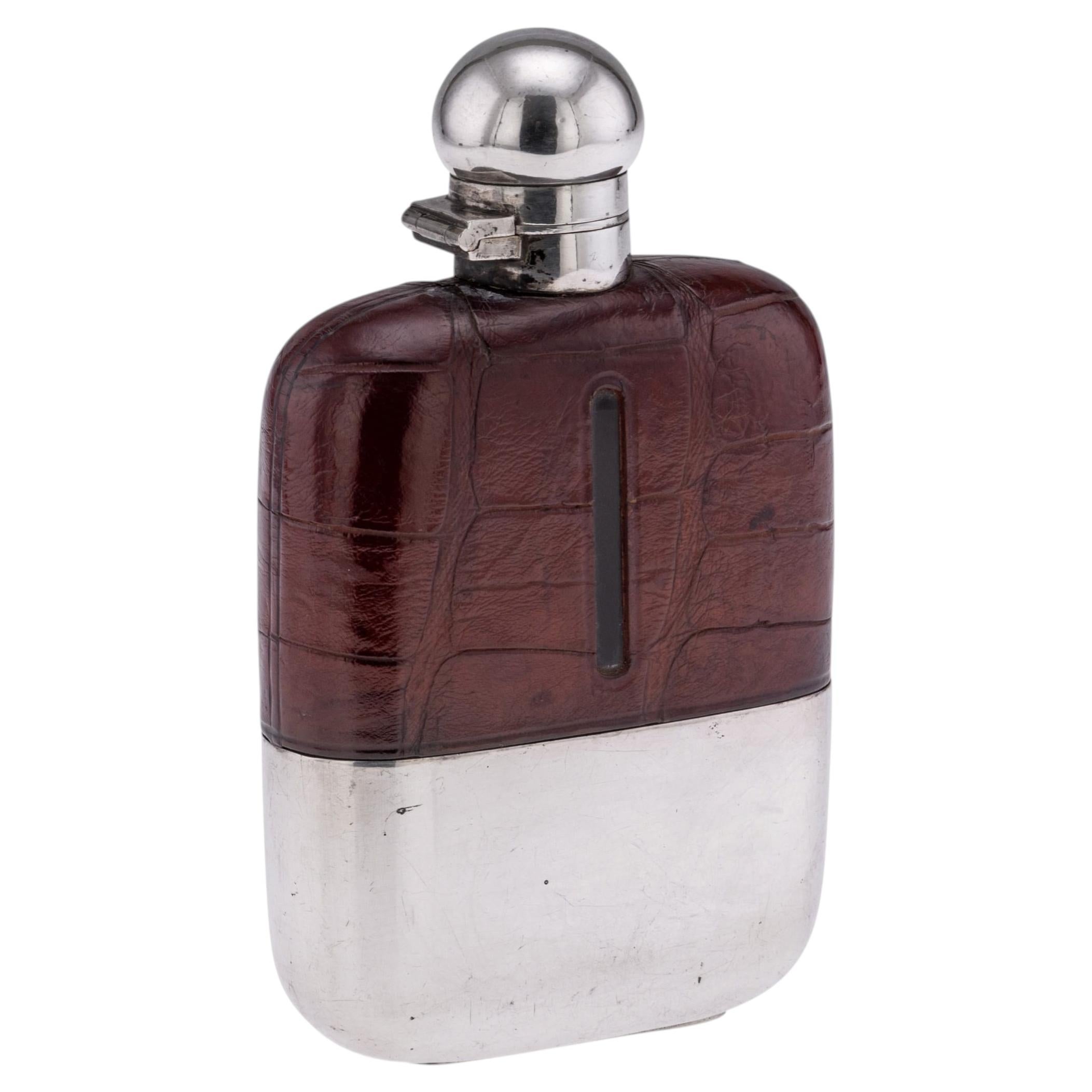 Antique 20thC English Silver Plate & Crocodile Leather Hip Flask c.1900