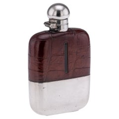 Antique 20thC English Silver Plate & Crocodile Leather Hip Flask c.1900