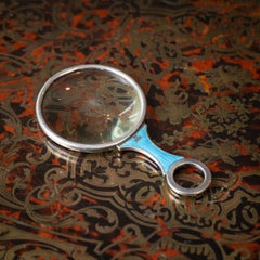 Ancienne loupe anglaise en argent massif et émail guilloché du 20e siècle c.1912