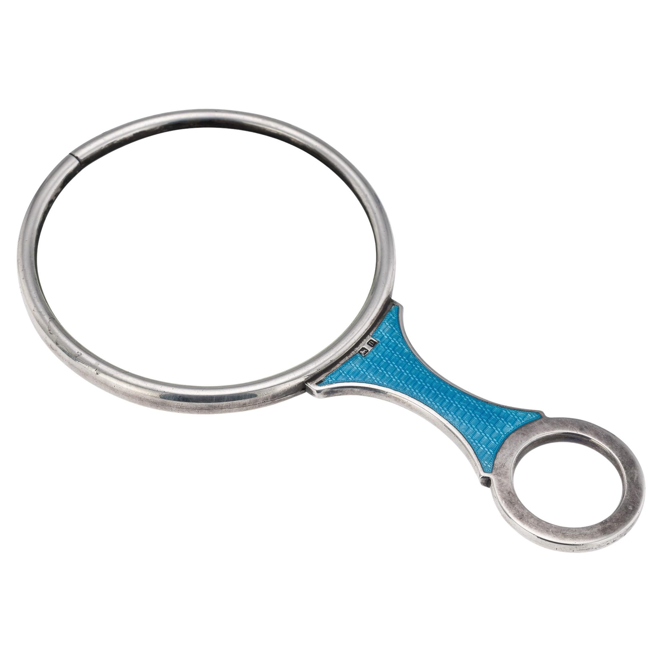 Ancienne loupe anglaise en argent massif et émail guilloché du 20e siècle c.1912 en vente