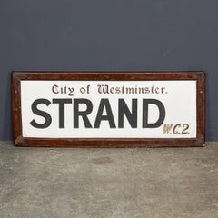 Antique 20thC Framed Enamelled Metal London Street Sign For Strand, WC2 c.1917