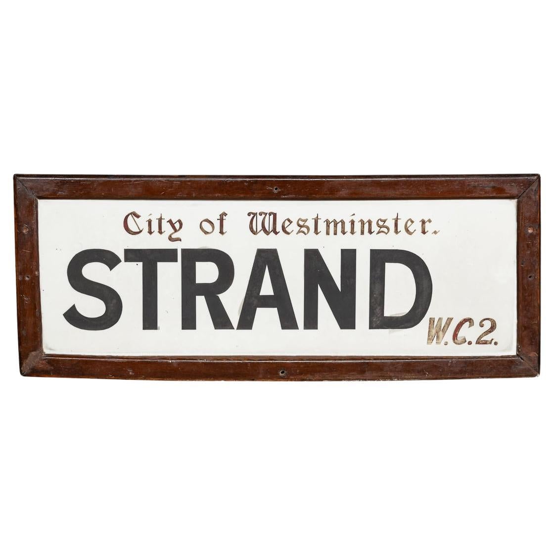 Antique 20thC Framed Enamelled Metal London Street Sign For Strand, WC2 c.1917 For Sale