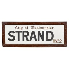 Antique 20thC Framed Enamelled Metal London Street Sign For Strand, WC2 c.1917