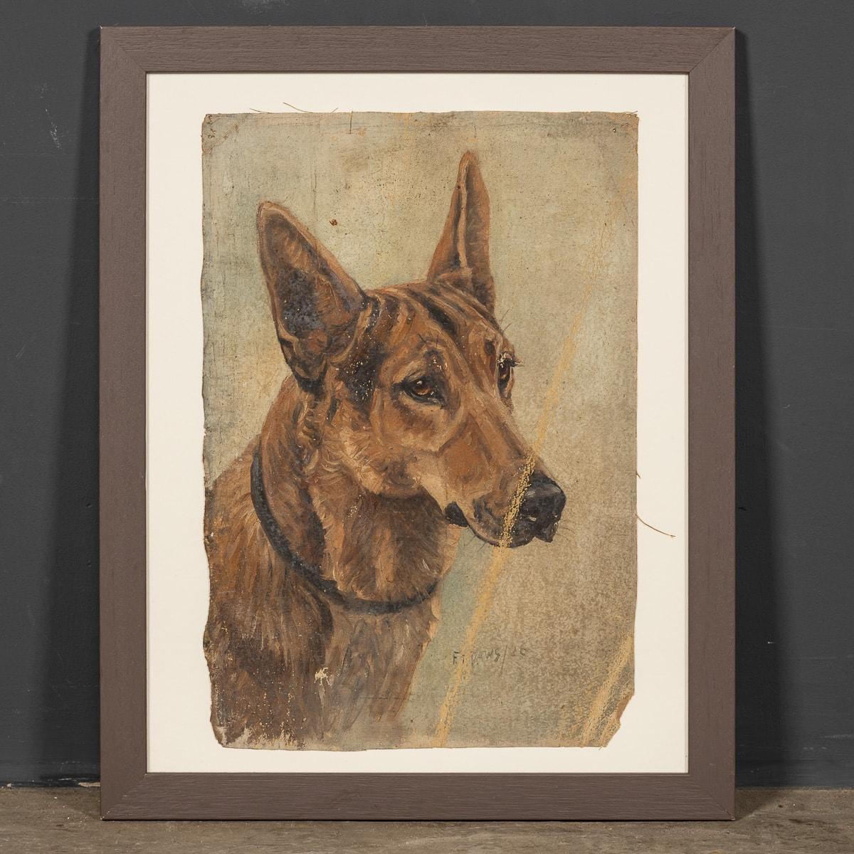 An antique 20th Century oil on canvas piece by Frederick Thomas Daws portraying a German Shepherd dating to 1926. Daws, famed for his depictions of champion dogs, commenced this artwork but left it unfinished. This piece is a work of art itself,