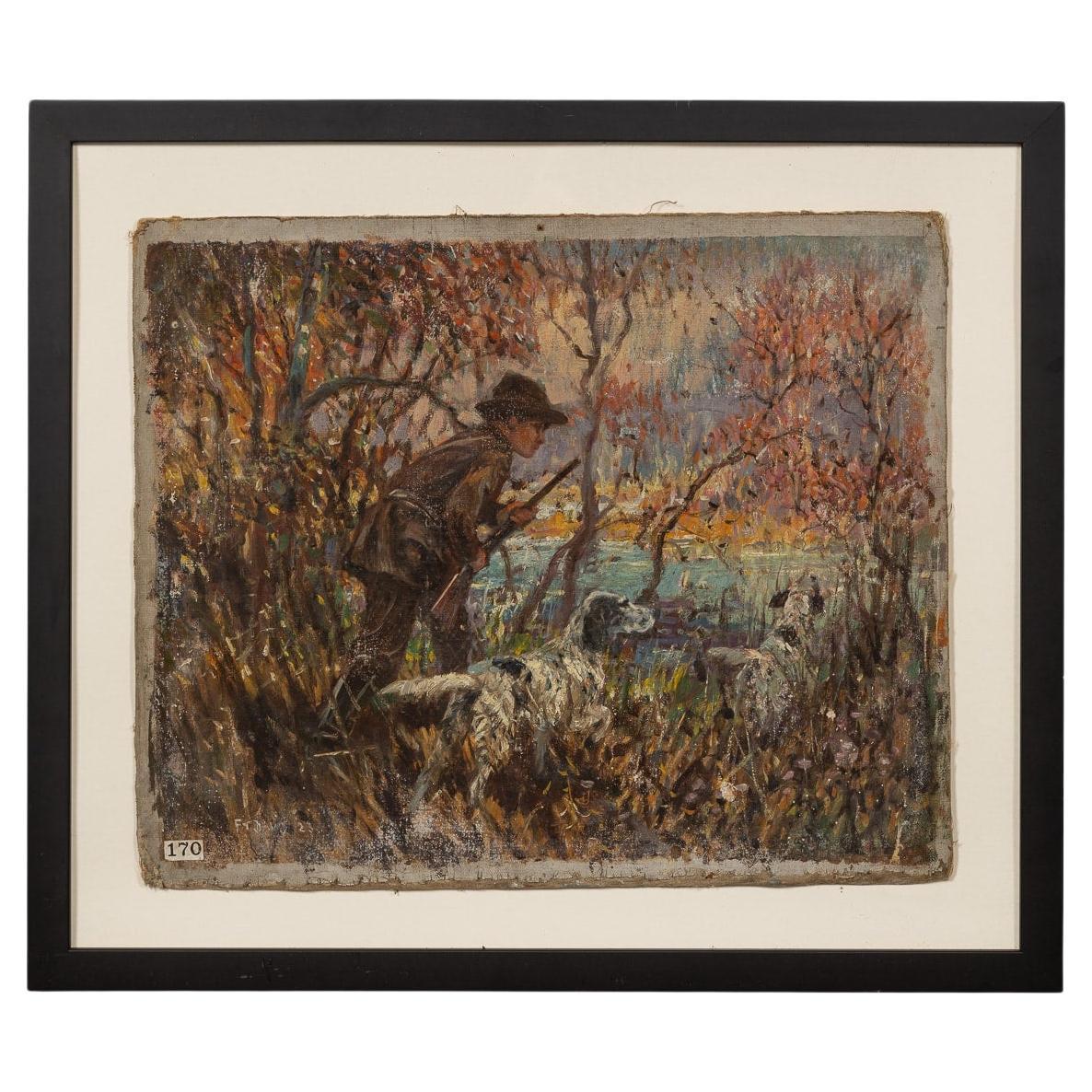 Antique 20thC Framed Hunting Scene Oil On Canvas By Frederick Thomas Daws c.1923 For Sale