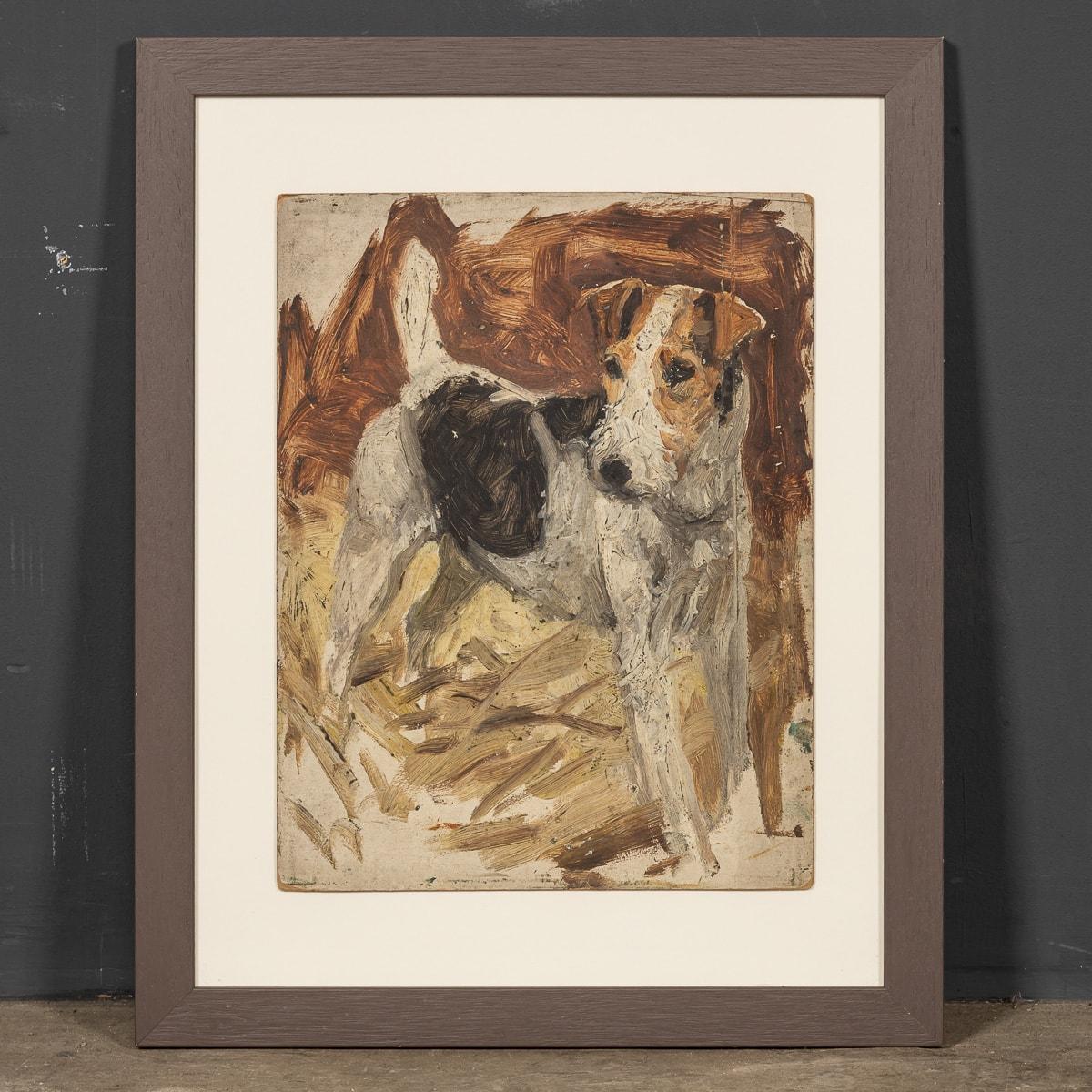An antique 20th Century oil on canvas piece by Frederick Thomas Daws portraying a Jack Russell Terrier. Daws, famed for his depictions of dogs created this piece in the 1920's in England. This is a practice piece, signed F.T. Daws. This rare and