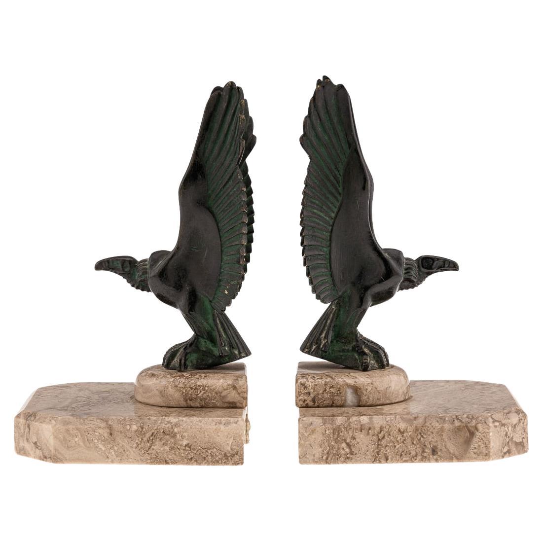 Antique 20thC French Bronze & Marble Vulture Book Ends, Max Le Verrier c.1900