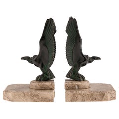 Antique 20thC French Bronze & Marble Vulture Book Ends, Max Le Verrier c.1900