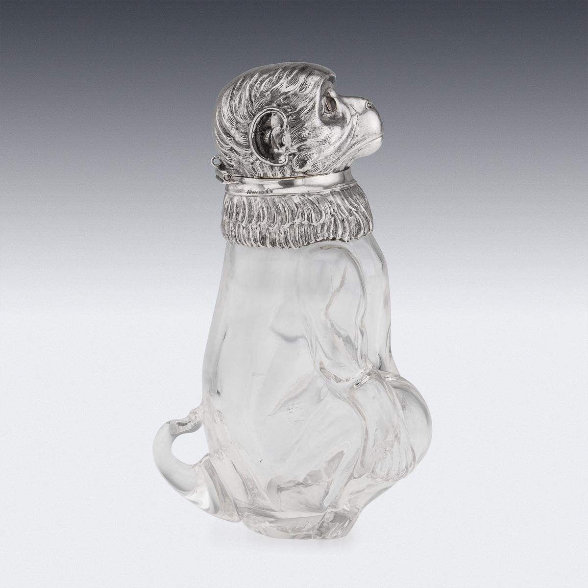 Antiquité allemande du 20e siècle, en argent massif et verre, cruche à claret en forme de singe, c.1900. Bon état - En vente à Royal Tunbridge Wells, Kent