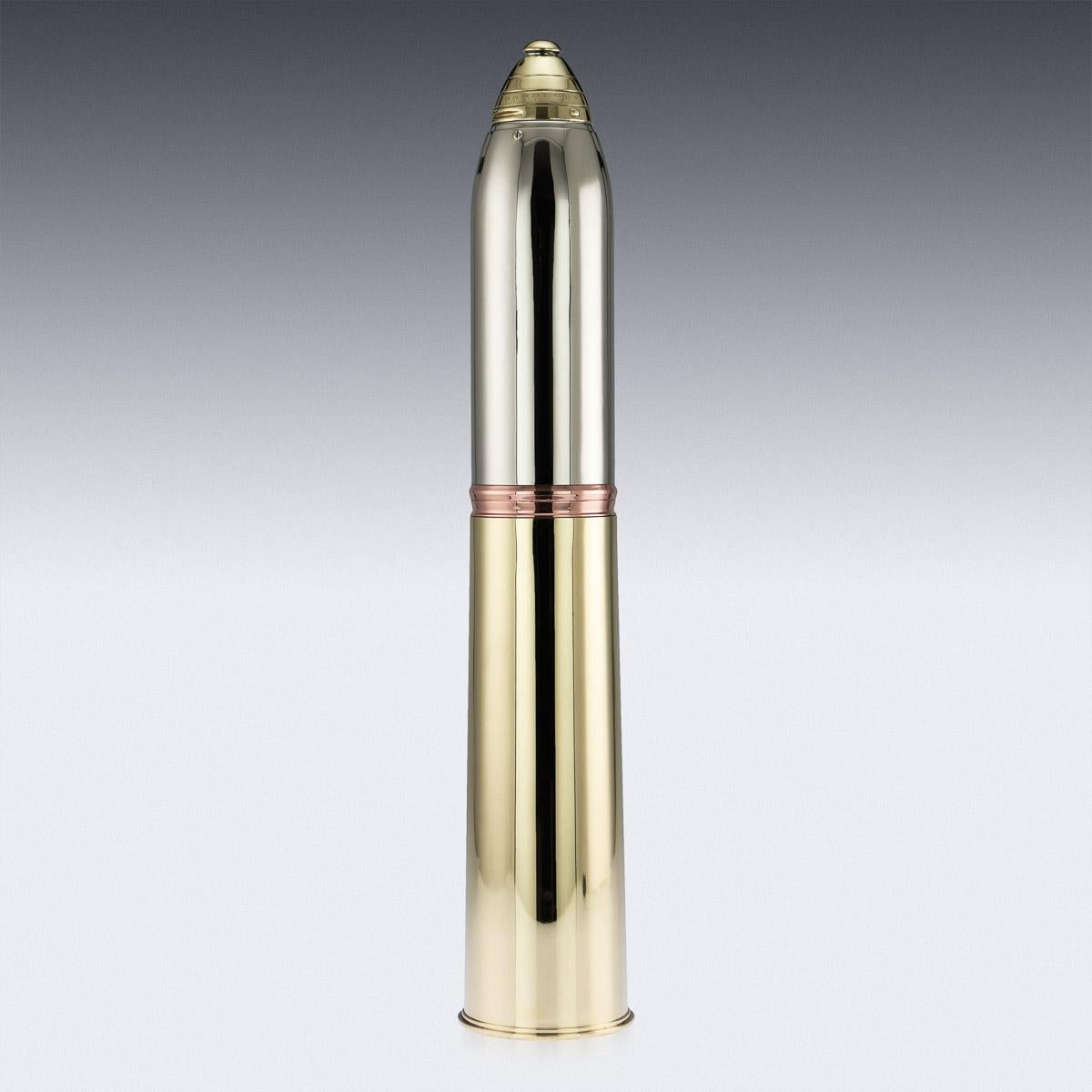 Antique early-20th century American Gorham silver plated, copper and brass novelty artillery shell cocktail Shaker, huge size, modelled as a very detailed fac-simile of the WWI Eighteen-Pounder Shrapnel Shell, in three sections, the top opens to