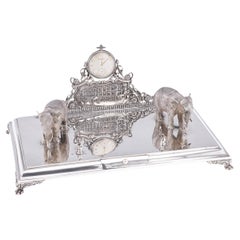 Antique 20thC Indian Solid Silver Inkwell & Pocket Watch Desk Set, Hamilton & Co