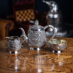 Antikes indisches Teeservice aus massivem Silber aus dem 20. Jahrhundert, Grish Chunder Dutt um 1900