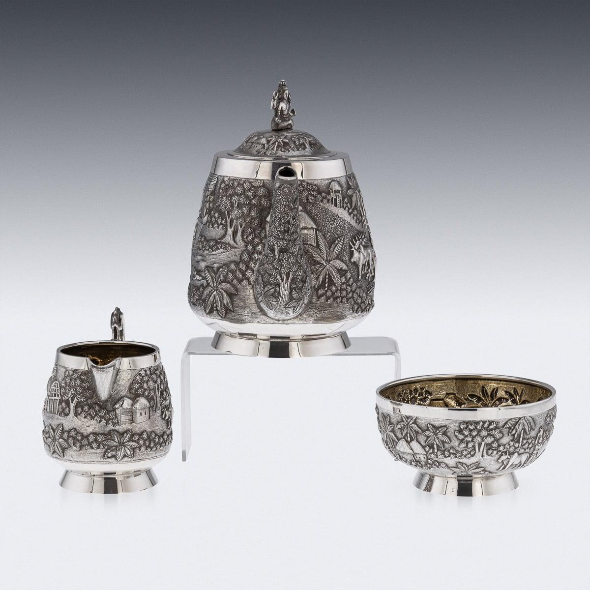 20th Century Antique 20thC Indian Solid Silver Three Piece Tea Set, Grish Chunder Dutt c.1900