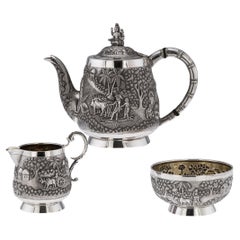 Antique 20thC Indian Solid Silver Three Piece Tea Set, Grish Chunder Dutt c.1900