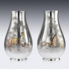 Antique Japanese Exceptional Solid Silver Vases, Ametani Yumin, circa 1900