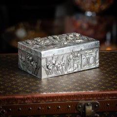 Antique 20thC Japanese Meiji Solid Silver Iris Flower Cigar Box, Zuan c.1900