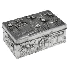 Antique 20thC Japanese Meiji Solid Silver Iris Flower Cigar Box, Zuan c.1900