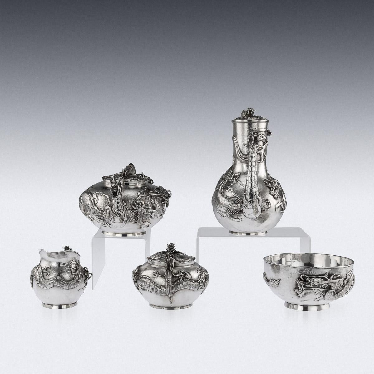 Sterling Silver Antique 20th Century Japanese Silver Tea Service on Tray by Miyamoto, circa 1900