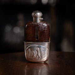 Antique 20thC Novelty Silver Plate & Crocodile Leather Golfing Hip Flask c.1920