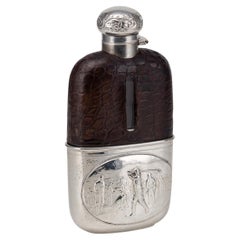 A.I.C. Silver Plate & Crocodile Leather Antique 20thC Novelty Golfing Hip Flask c.1920