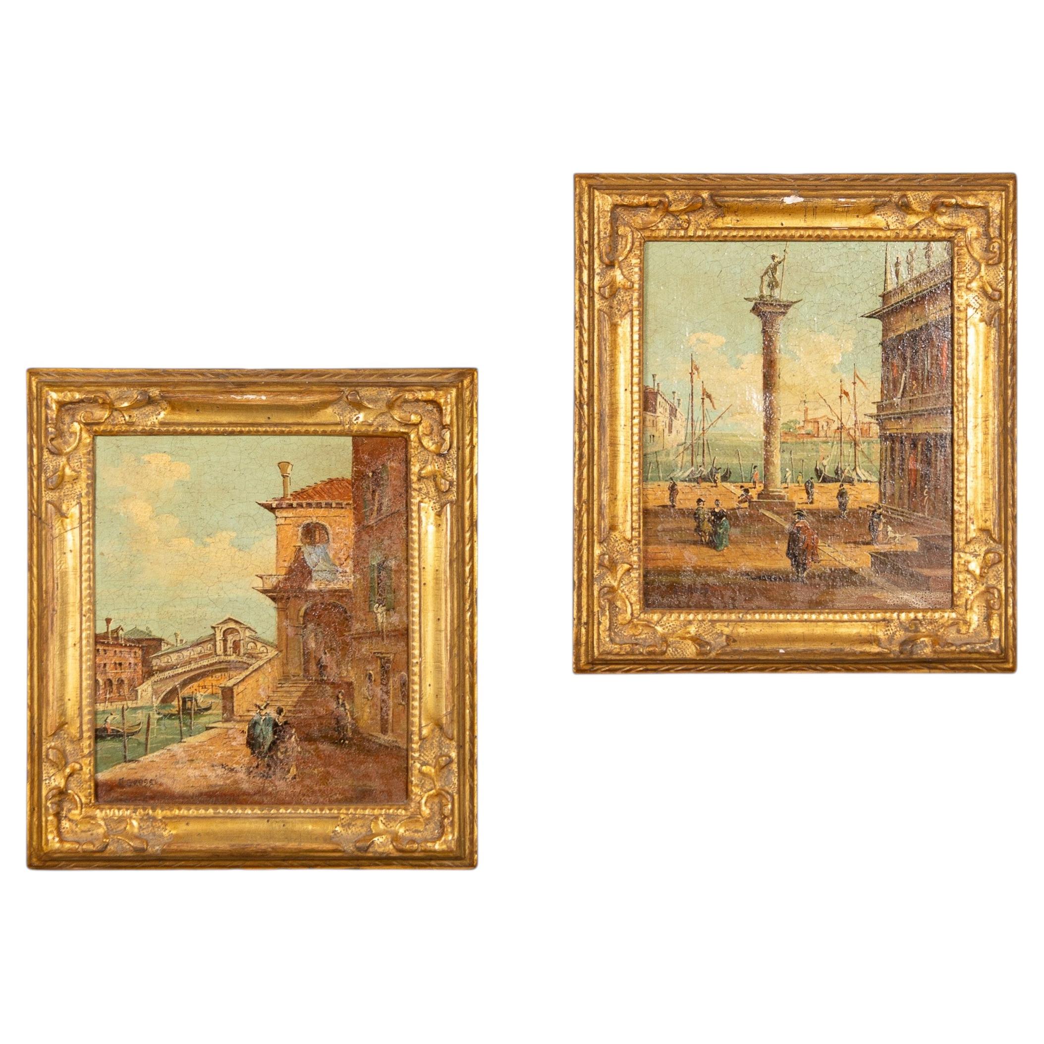 Antique 20thC Pair Of Venetian Canal Scene Oil Paintings By Aldo Grossi, Italy